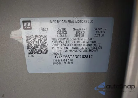 2024 Chevrolet Malibu Fwd 2Lt из США, поврежденный, VIN 1G1ZE5ST2RF162812